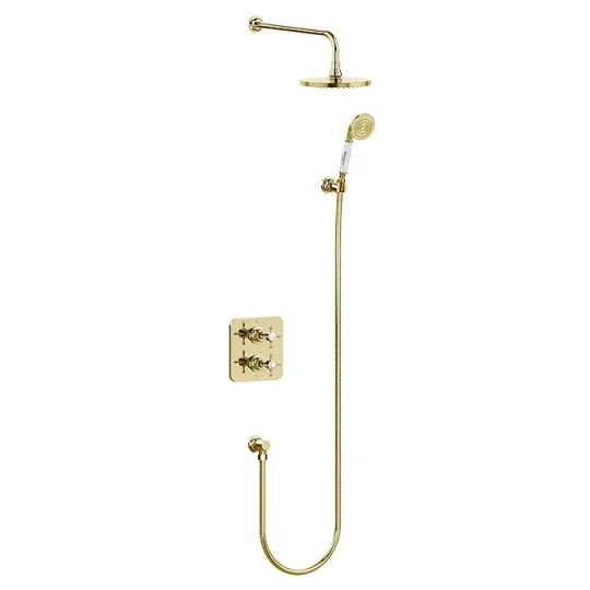 Burlington Guild Square Thermostatic Two Outlet Concealed Divertor Shower Valve Fixed Shower Arm & Head Holder & Handset With Hose And Outlet Elbow Gold detail view - Image 2