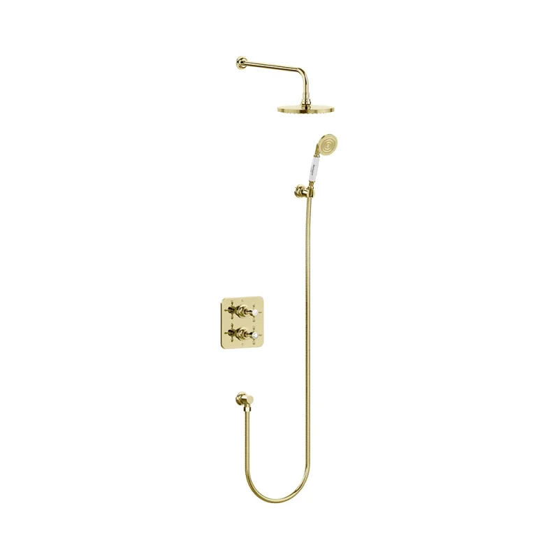 Burlington Guild Square Thermostatic Two Outlet Concealed Divertor Shower Valve Fixed Shower Arm & Head Holder & Handset With Hose And Outlet Elbow Gold product image - Image 3