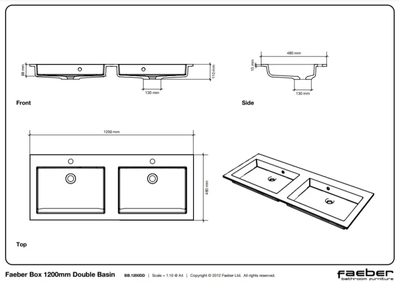 Faeber Silkstone Box 1200mm Double Basin Matt technical drawing - Image 2