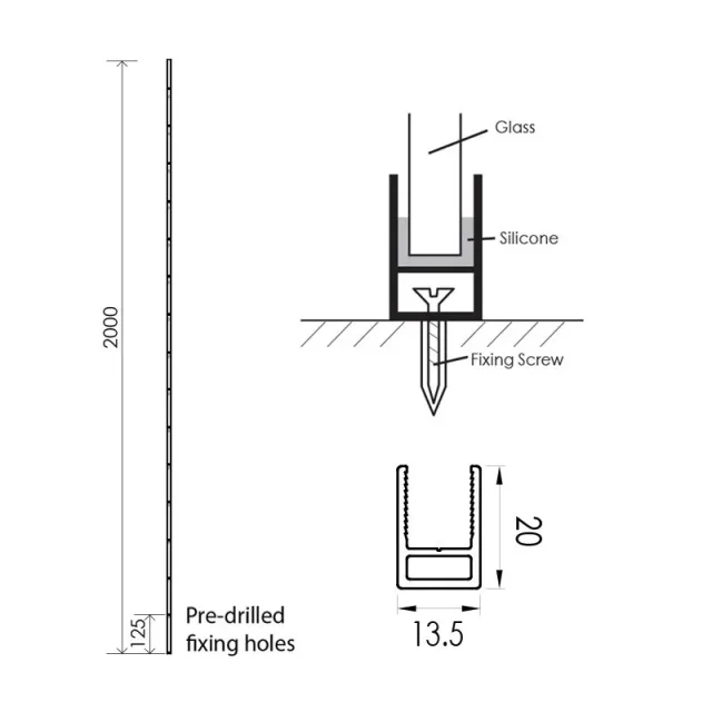 London Showers 2m Surface Shower Glass Channel Chrome product image - Image 2