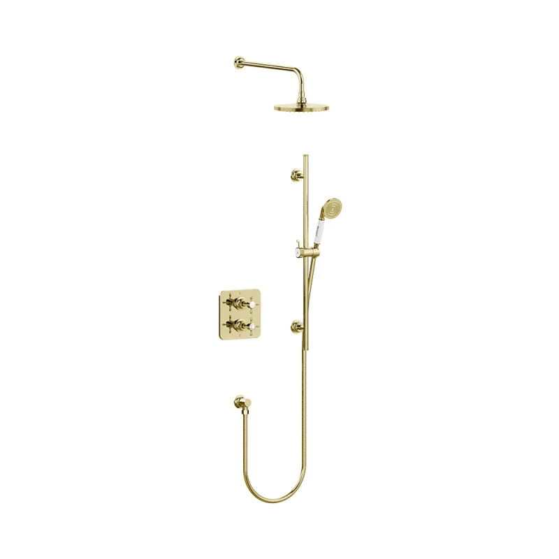 Burlington Guild Square Thermostatic Two Outlet Concealed Divertor Shower Valve Fixed Shower Arm & Head Rail Hose Handset And Outlet Elbow Gold product image - Image 3