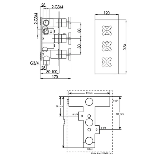 Just Taps Solex Thermostatic Concealed 3 Outlet Shower Valve Vertical Brushed Brass detail view - Image 2