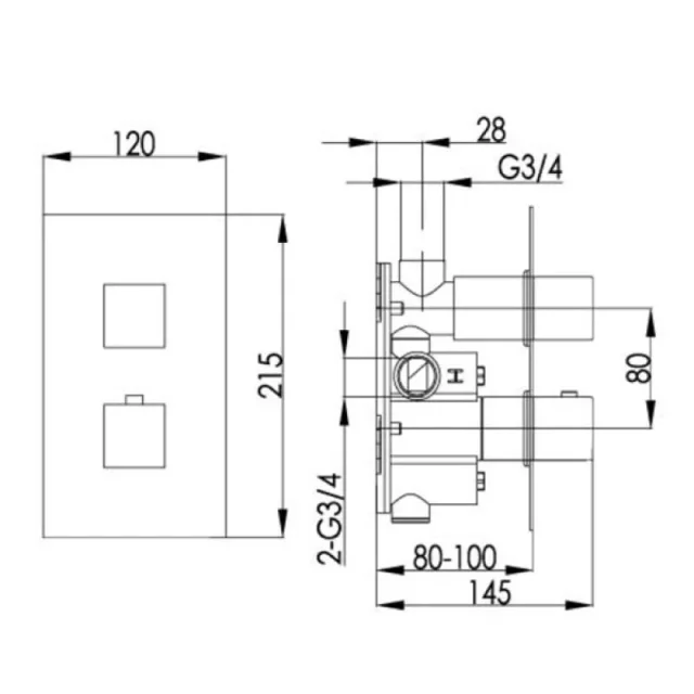 Just Taps Athena Square Shower Valve 2 Handle 1 Outlet Chrome detail view - Image 4