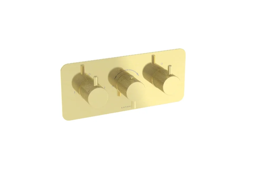 Saneux Cos 2 Way 3 Handle Thermostatic Shower Valve Kit - W/ Knurled Handle - Landscape - Brushed Brass (pvd) product image - Image 2