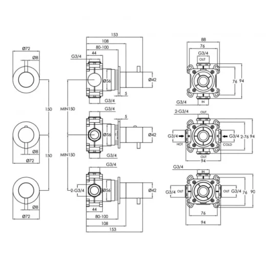 Just Taps Vos Modular 3 Handle 3 Outlet Thermostatic Shower Valve Chrome product image - Image 3
