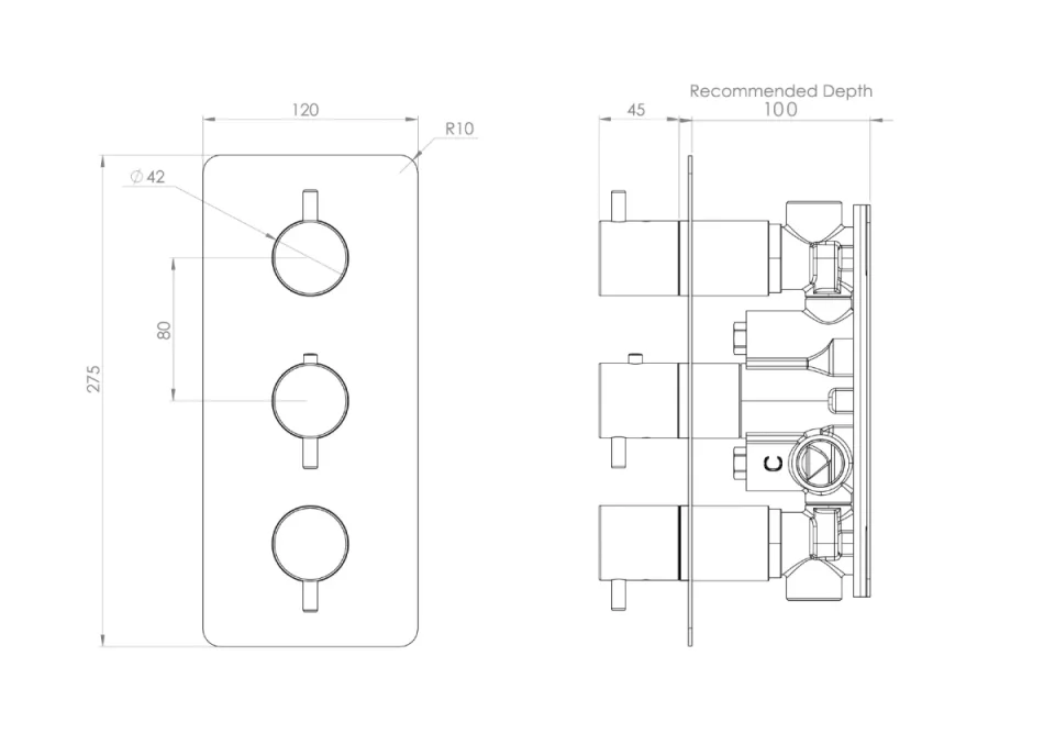 Saneux Cos 2 Way 3 Handle Thermostatic Shower Valve Kit - W/ Classic Handle - Portrait - Chrome detail view - Image 3