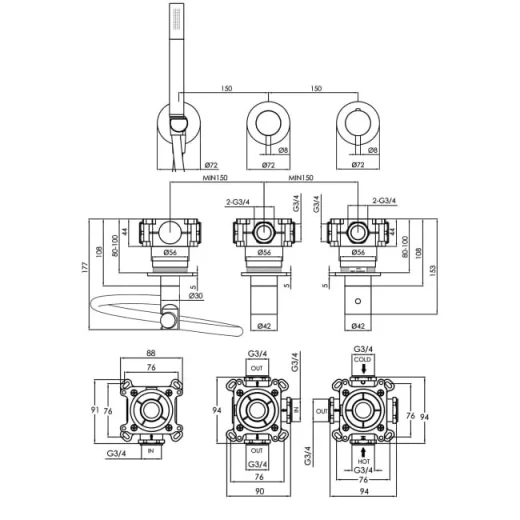 Just Taps Vos Modular 2 Handle 2 Outlet Thermostatic Shower Valve W Handset Mb detail view - Image 2
