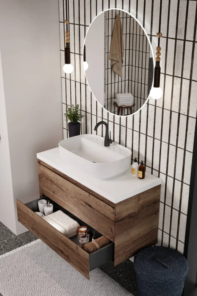 Saneux Uni 80cm 2 Drawer Wall Mounted Unit - English Oak detail view - Image 4