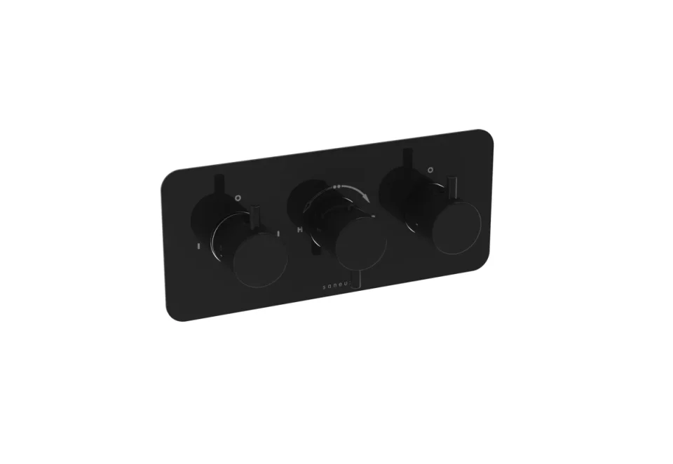 Saneux Cos 2 Way 3 Handle Thermostatic Shower Valve Kit - W/ Classic Handle - Landscape - Satin Black (pvd) detail view - Image 2
