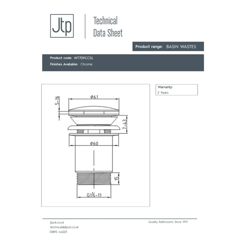 Just Taps White Plug Click Clack Basin Waste Slotted Chrome product image - Image 3