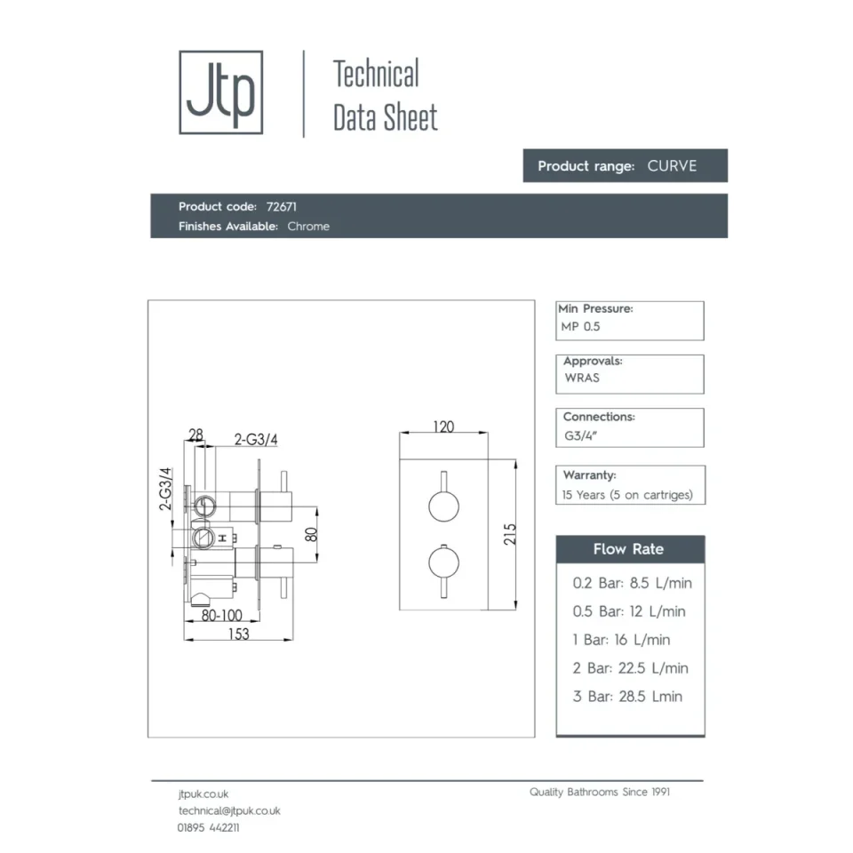Just Taps Curve Thermostatic Shower Valve 3 Options Chrome detail view - Image 2