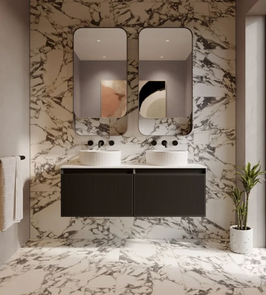 Saneux Monument 120cm Kit - 2 X 60cm 1 Drawer Wall Mounted Unit & 120cm Countertop - Matte Black detail view - Image 3