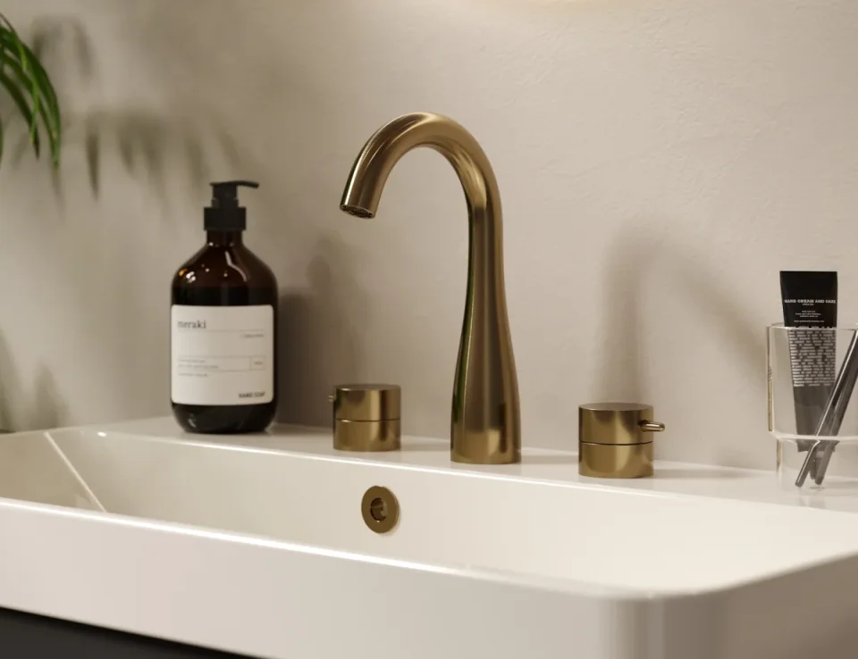 Saneux Eden 3 Piece Deck Mounted Basin Mixer - Brushed Brass product image - Image 4