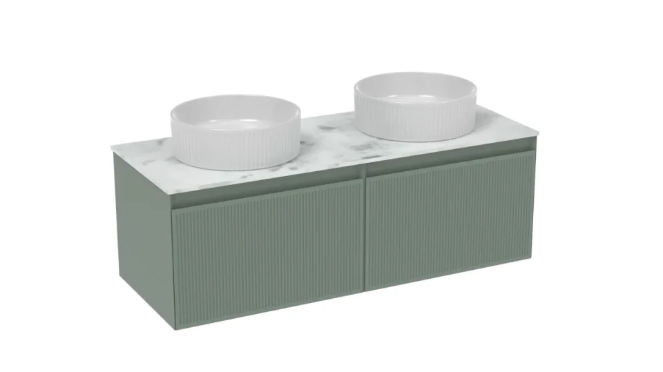 Saneux Monument 120cm Kit - 2 X 60cm 1 Drawer Wall Mounted Unit & 120cm Countertop - Matte Sage detail view - Image 3