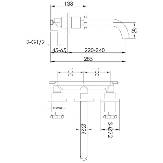 Just Taps Solex 3 Hole Wall Mounted Basin Mixer Chrome detail view - Image 2