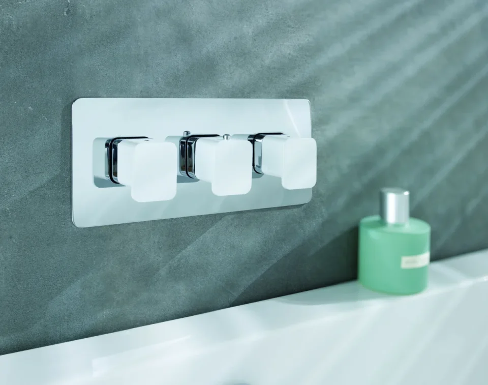 Just Taps Axel Thermo Concealed 3 Outlet Shower Valve Matt White Handle Chrome detail view - Image 2