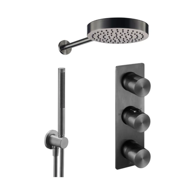 Just Taps Evo 2 Outlet Shower Valve, Arm 400mm,overhead Shower 250mm, Round Water Outlet - Brushed Black