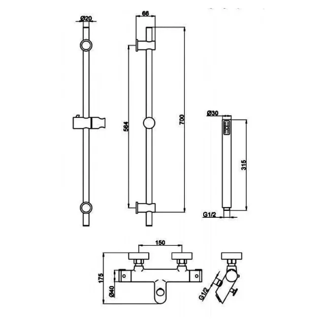 Just Taps Thermostatic Bath Shower Mixer With Slide Rail Kit A Chrome detail view - Image 2