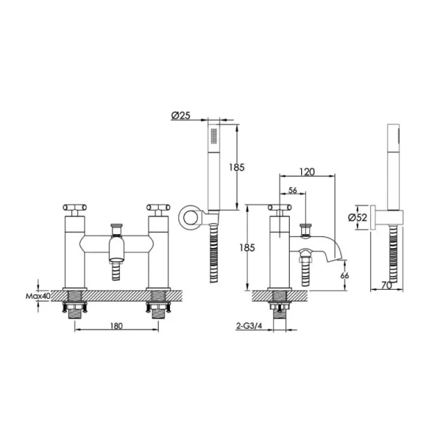 Just Taps Solex Bath Shower Mixer With Kit Brushed Brass detail view - Image 2
