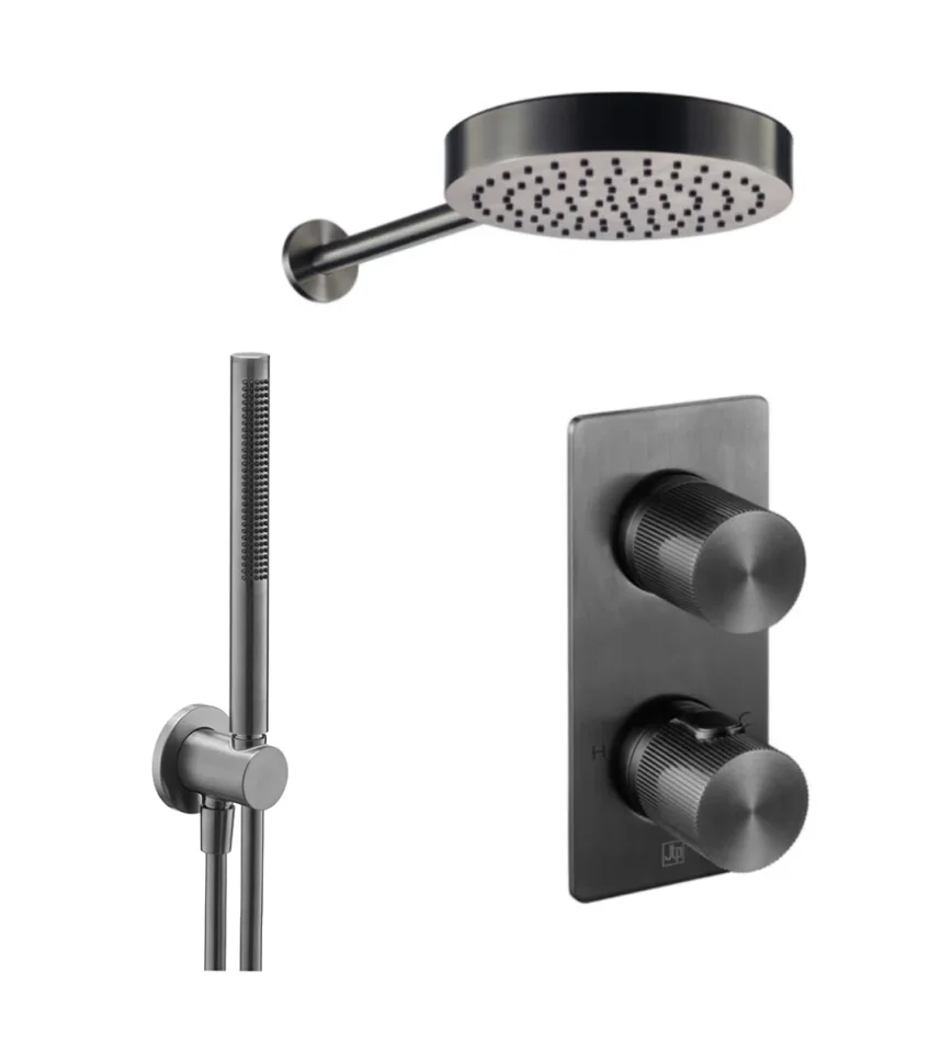 Just Taps Evo 2 Outlet Shower Valve, Arm 400mm, Overhead Shower 250mm, Round Water Outlet - Brushed Black product image - Image 2