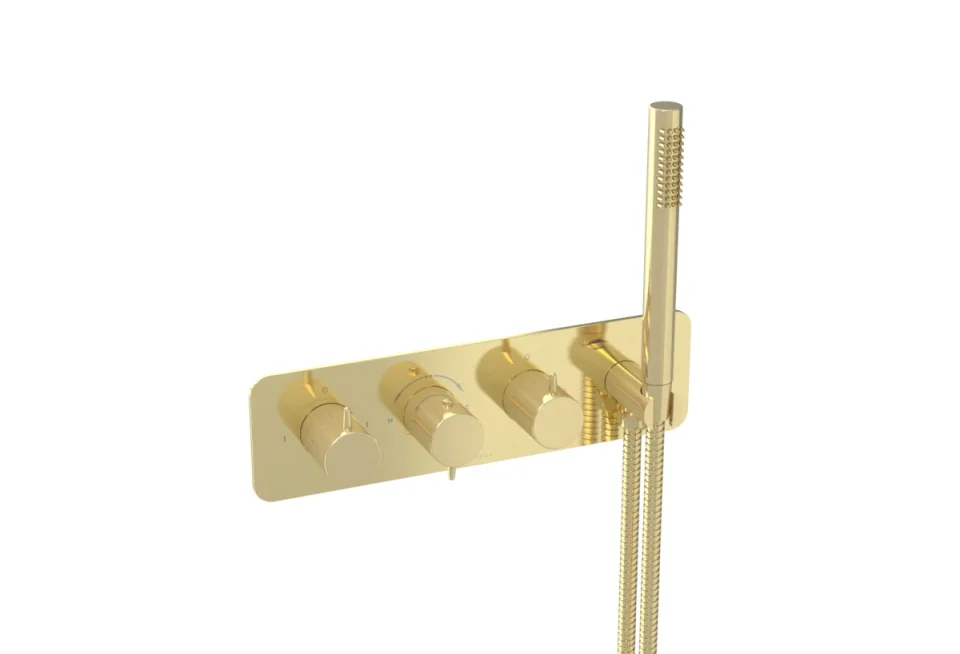 Saneux Eden 3 Way Handles & Plate Finish Kit In Landscape With Outlet Elbow (for Ed021l.h.bb) - Brushed Brass (pvd) detail view - Image 3