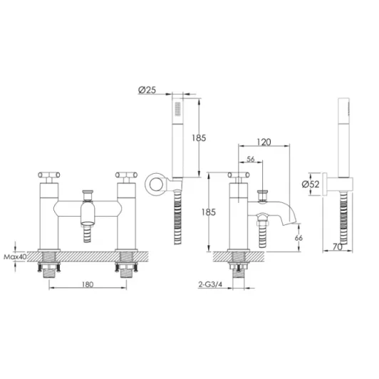 Just Taps Solex Deck Mounted Bath Shower Mixer With Kit Chrome detail view - Image 2