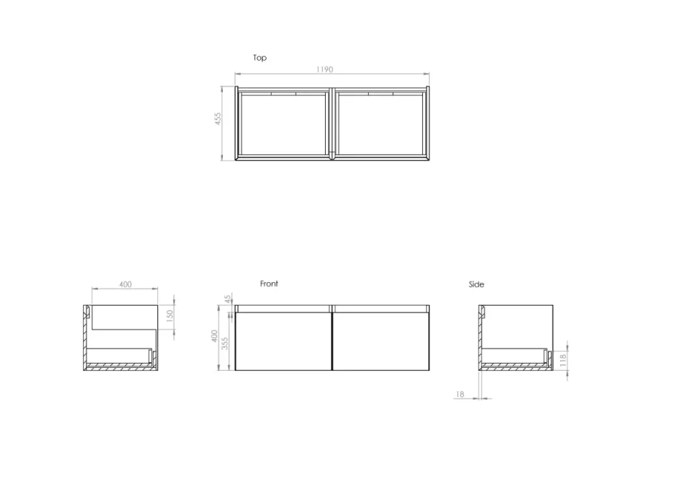 Saneux Uni 120cm 2 Drawer Wall Mounted Unit - Matte Anthracite detail view - Image 4