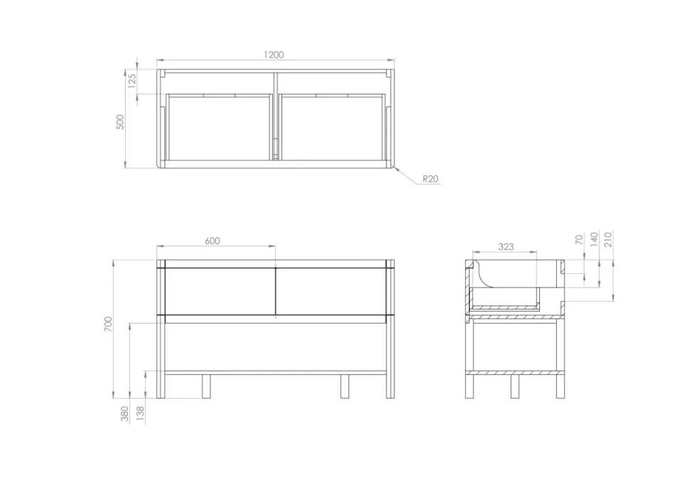Saneux Frontier 120cm 2 Drawer Floor Standing Unit With Undermount Tray - Matte Fiord detail view - Image 4