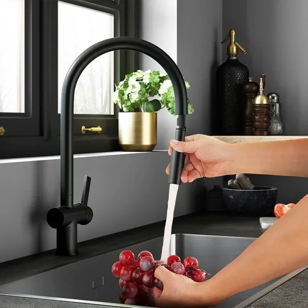 Just Taps Vos Matt Black Single Lever Pull Out Sink Mixer detail view - Image 3