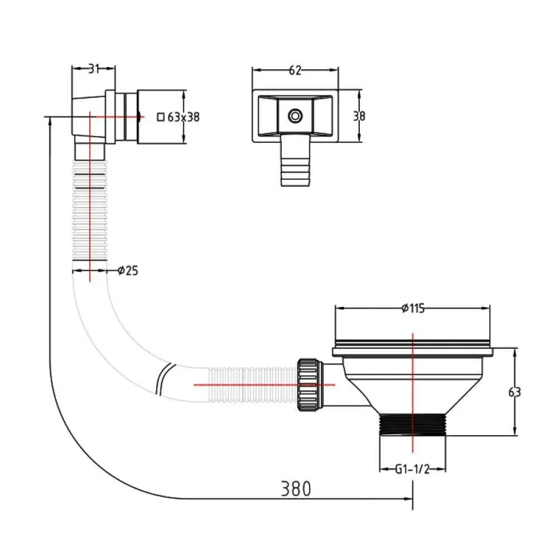 Just Taps Basket Strainer Waste Square Overflow Stainless Steel detail view - Image 2