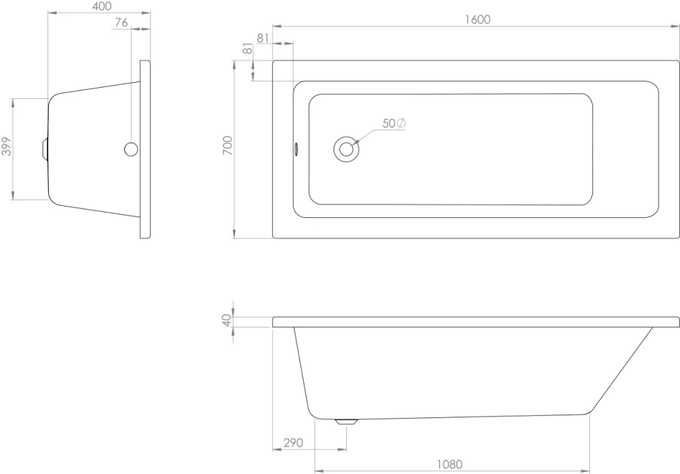 Saneux Stetson 1600x700mm Bath Single Ended & Bath Legs detail view - Image 4