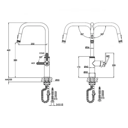 Just Taps Decor Brushed Brrass Single Lever Pull Out Sink Mixer detail view - Image 2