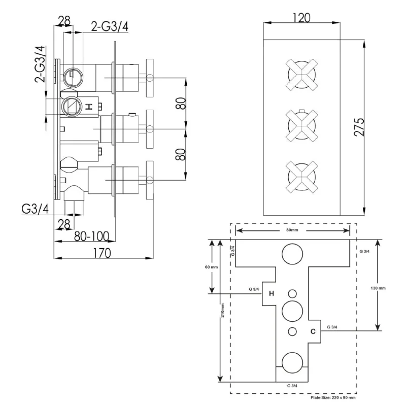 Just Taps Solex Concealed 3 Option 3 Handle Vertical Valve Matt Black detail view - Image 3
