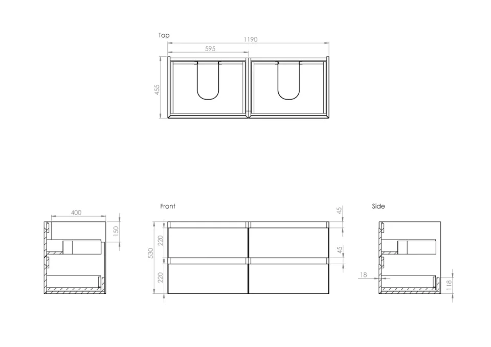Saneux Uni 120cm 4 Drawer Wall Mounted Unit - Matte White detail view - Image 4