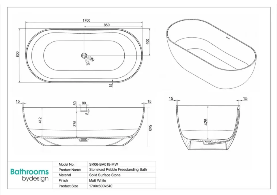 Stonekast Pebble Freestanding Bath 1700 X 800 X 540mm Matt White (waste Included) technical drawing - Image 2