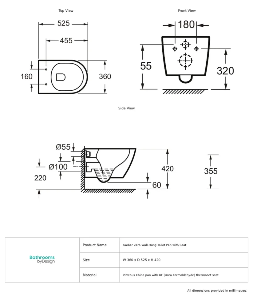 Faeber Zero Wall Hung Toilet Pan With Seat - Tornado Flush - Gloss White technical drawing - Image 2