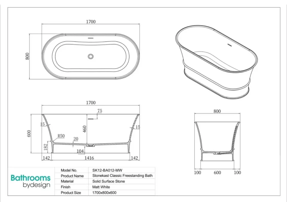 Stonekast Classic Freestanding Bath 1700 X 800 X 600mm Matt White (waste Included) technical drawing - Image 2