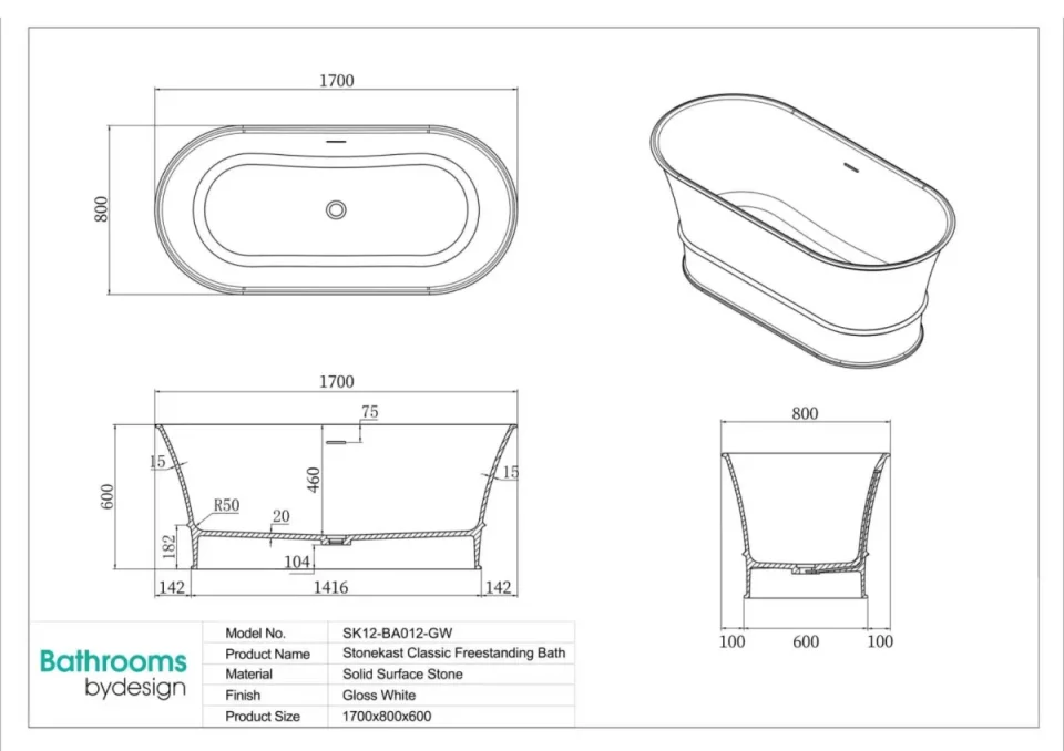Stonekast Classic Freestanding Bath 1700 X 800 X 600mm Gloss White (waste Included) technical drawing - Image 2