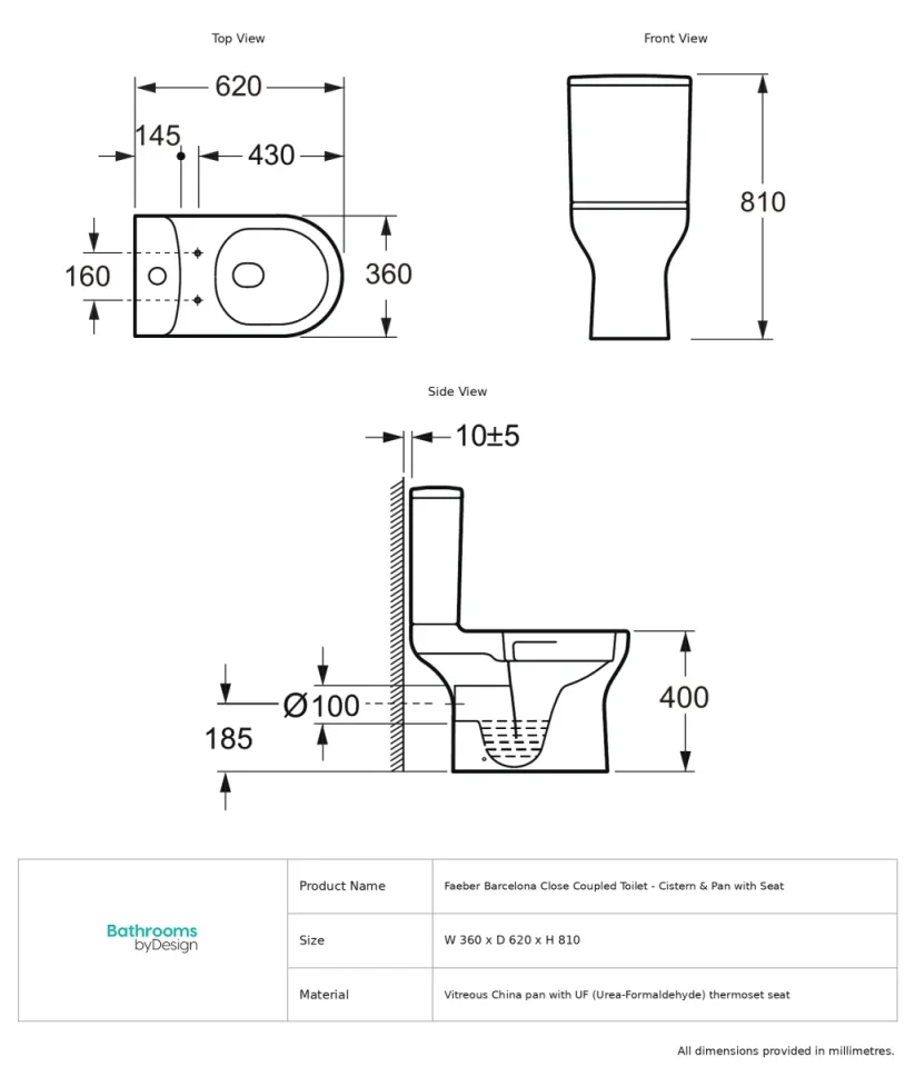 Faeber Barcelona Close Coupled Cistern With Geberit Internals - Gloss White technical drawing - Image 2