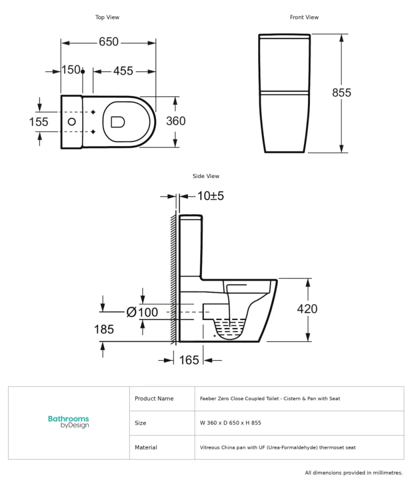 Faeber Zero Close Coupled Toilet Pan With Seat - Tornado Flush - Gloss White technical drawing - Image 2