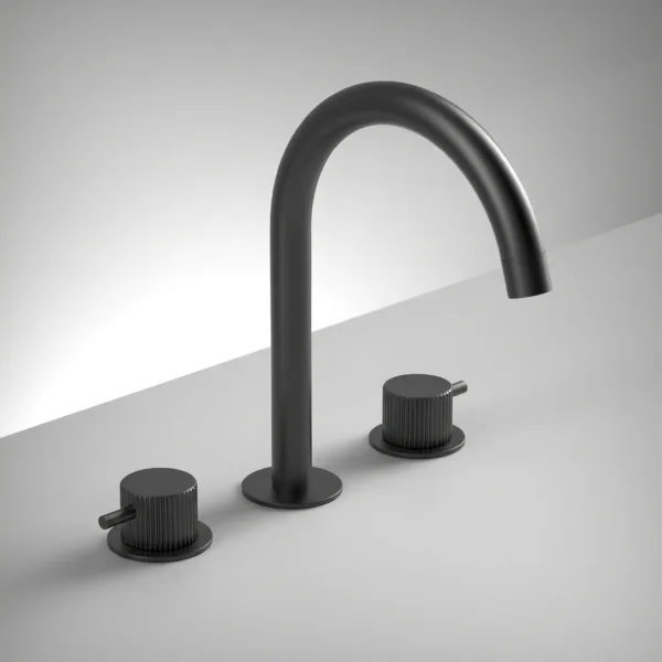 Ava Fluted 3 Hole Deck Mounted Basin Mixer W/ Flanges - Brushed Black