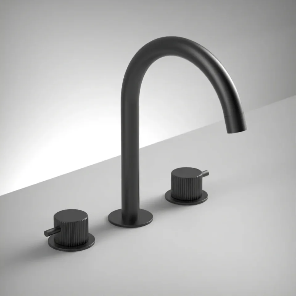 Ava Fluted 3 Hole Deck Mounted Basin Mixer W/ Flanges - Brushed Black product image - Image 1