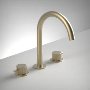 Ava Fluted 3 Hole Deck Mounted Basin Mixer W/ Flanges - Brushed Brass