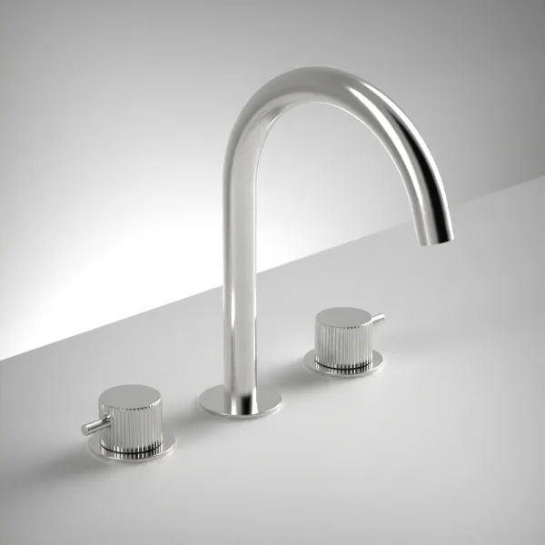 Ava Fluted 3 Hole Deck Mounted Basin Mixer W/ Flanges - Polished Stainless Steel