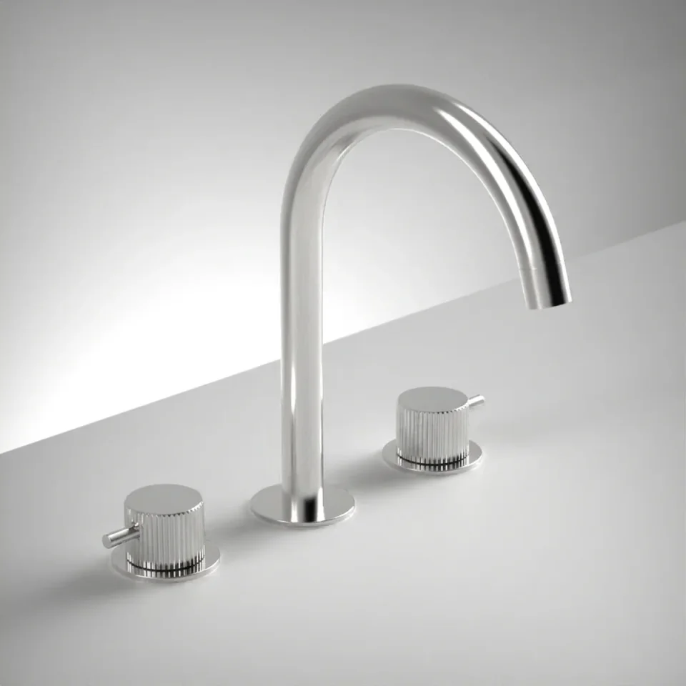 Ava Fluted 3 Hole Deck Mounted Basin Mixer W/ Flanges - Polished Stainless Steel product image - Image 1
