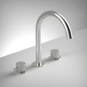 Ava Fluted 3 Hole Deck Mounted Basin Mixer W/ Flanges - Brushed Stainless Steel