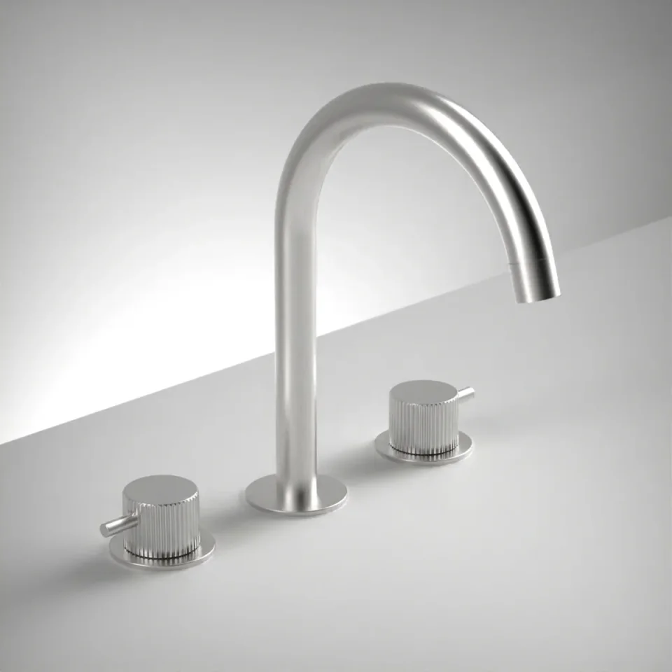 Ava Fluted 3 Hole Deck Mounted Basin Mixer W/ Flanges - Brushed Stainless Steel product image - Image 1