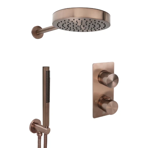 Just Taps Evo 2 Outlet Shower Valve, Arm 400mm,overhead Shower 200mm, Round Water Outlet - Brushed Bronze