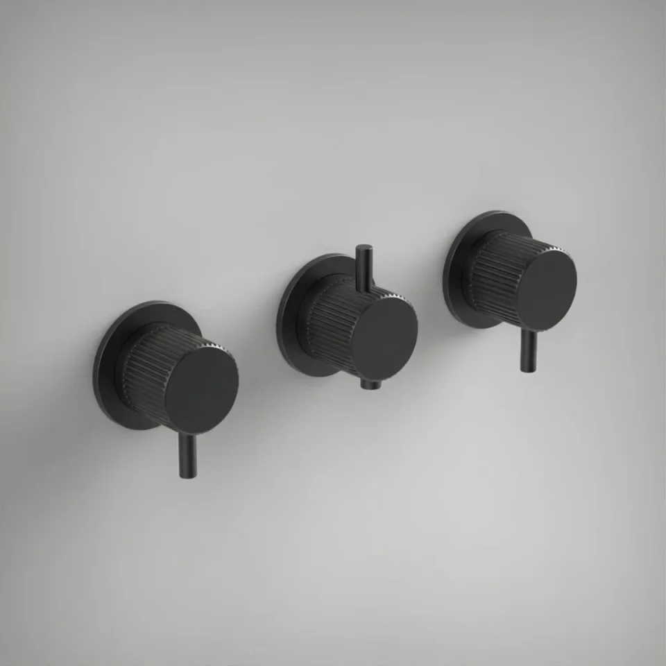 Ava Fluted 3 Way 3 Handle Thermostatic Valve W/ Flanges 3.0 - Brushed Black product image - Image 1