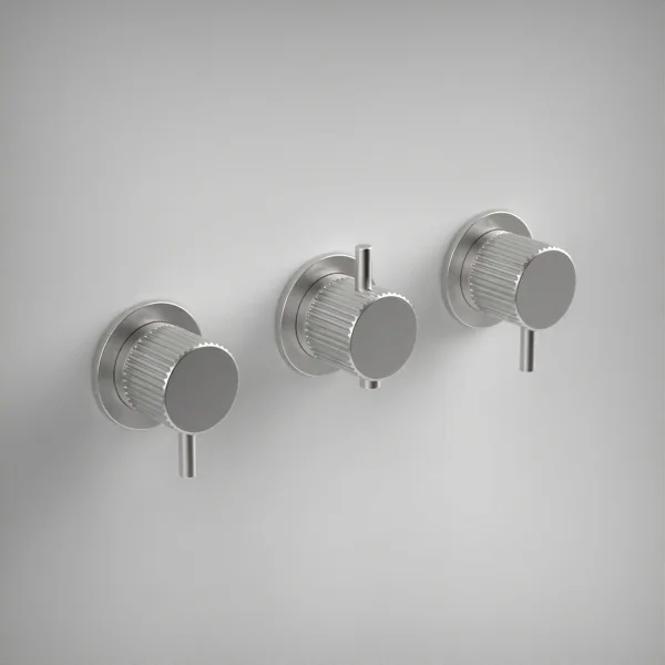 Ava Fluted 3 Way 3 Handle Thermostatic Valve W/ Flanges 3.0 - Brushed Stainless Steel